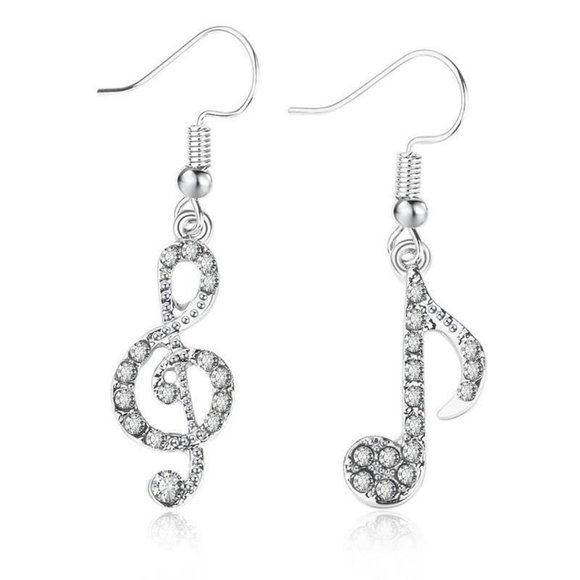 Jewelry - NEW!!! Gorgeous Silver Jeweled Music Note Drop Earrings FUN ARTISTIC MUSICAL